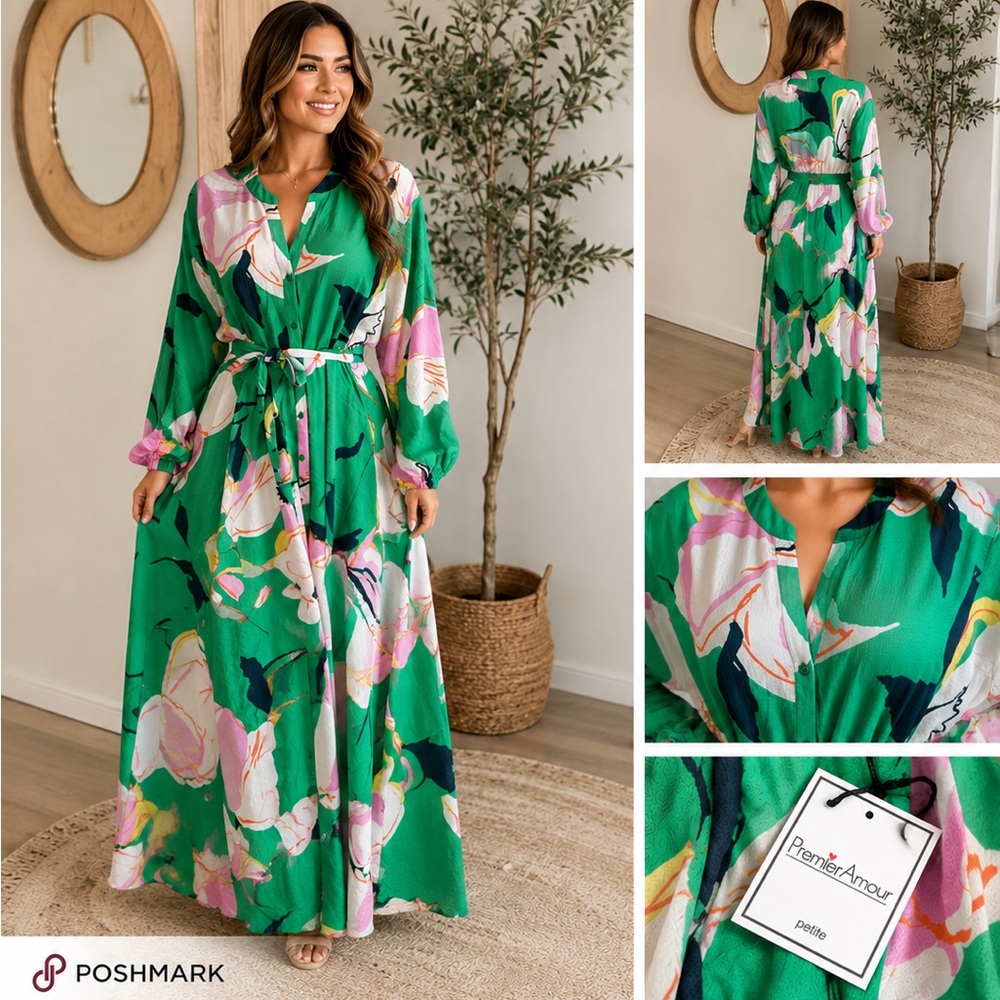 Premier Amour Floral Belted Maxi Dress Green Pink Pockets 12P